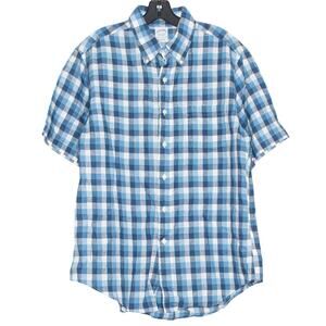 Brooks Brothers Mens Shirt Linen Preppy Coastal Rustic Button Plaid Blue Large
